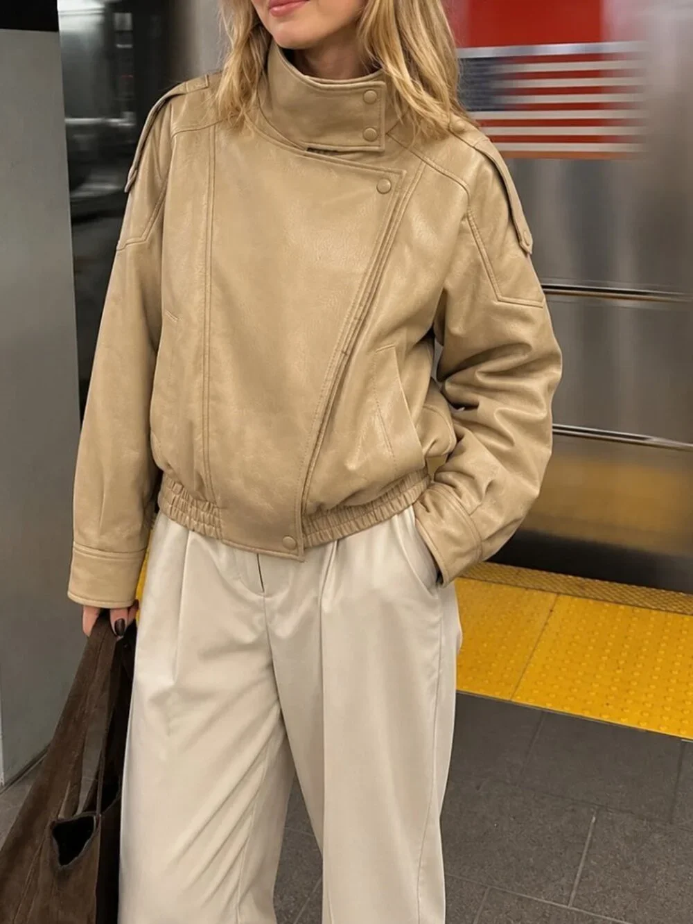Khaki Casual Women's Oversized High Collar Faux Leather Jacket